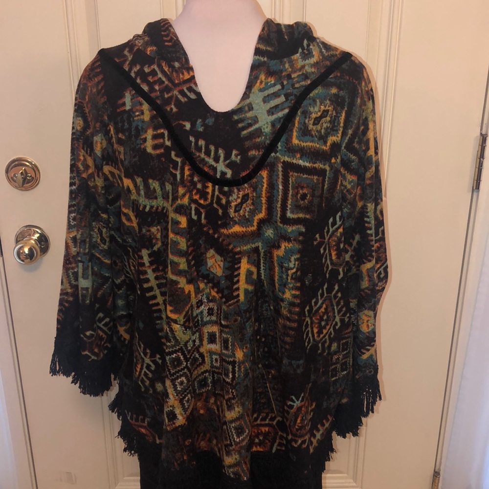 Multi Colored Fringed Hem Poncho Tunic Top